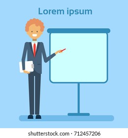 Businessman Pointing To Empty White Board, Showing An Copy Space, Business Man Presentation Or Conference Concept Flat Vector Illustration
