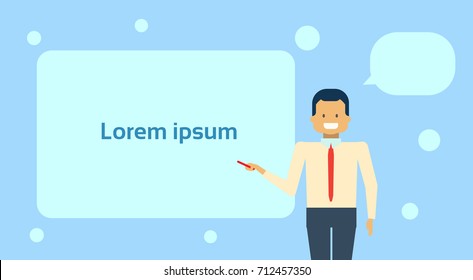 Businessman Pointing To Empty White Board, Showing An Copy Space, Business Man Presentation Or Conference Concept Flat Vector Illustration