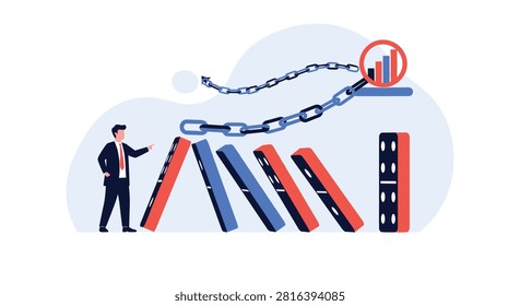 Businessman pointing at falling dominoes connected by a strong metal chain leading up to a growing business bar chart.