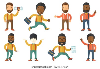 Businessman pointing finger up because he came up with business idea. Businessman having business idea. Business idea concept. Set of vector flat design illustrations isolated on white background.