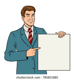 Businessman pointing finger at blank poster pop art retro vector illustration. Comic book style imitation.