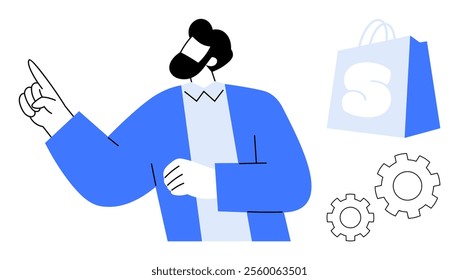 Businessman pointing with finger, blue shopping bag, gray gears. Ideal for business presentations, e-commerce, marketing, online shopping, tech solutions. Modern flat vector style