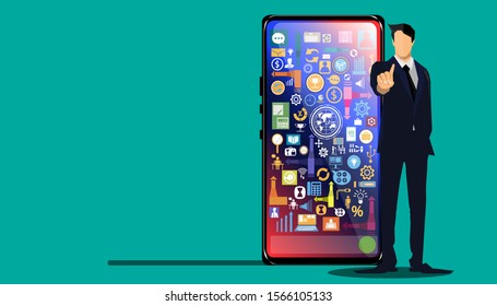 Businessman pointing finger forward and smartphone with icon   - Creativity modern Idea and Concept illustration.