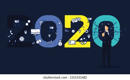 
Businessman pointing finger forward for success with 2020 logo text- Icon Business creativity Idea and concept design.