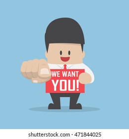 Businessman pointing finger forward with word we want you, recruitment concept