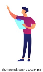 Businessman pointing with finger and holding clipboard vector illustration. Specialist and business manager, project presentation, conference and lecture concept. Isolated on white background.