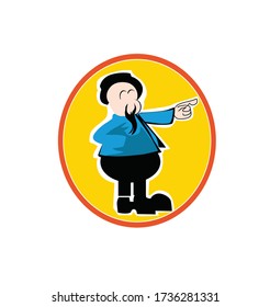 Businessman pointing Finger.  man in blue shirt looking side and pointing away while standing against yellow background