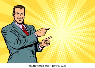 Businessman pointing finger at the side. Pop art retro vector illustration comic cartoon kitsch drawing