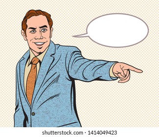 Businessman pointing finger at the side.  vector illustration comic 