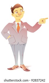Businessman is pointing the finger at something out of field of view.