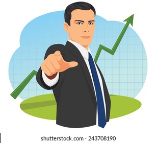 Businessman pointing finger towards camera on the rising diagram background