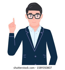 Businessman pointing finger up. Office employee came up with business idea, gesturing. Manager male personage in glasses giving advice, explaining. Isolated vector illustration in cartoon flat style.