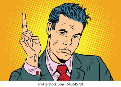 businessman pointing finger up. Pop art retro vector illustration