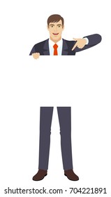 Businessman pointing finger at white blank poster. Full length portrait of businessman character in a flat style. Vector illustration.