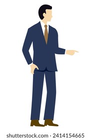 businessman pointing flat color illustration no face
Businessman in a suit pointing to the side. Vector illustration.