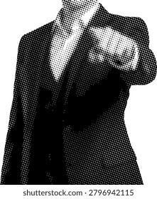 Businessman pointing forward icon isolated on white background halftone black silhouette corporate employee symbol