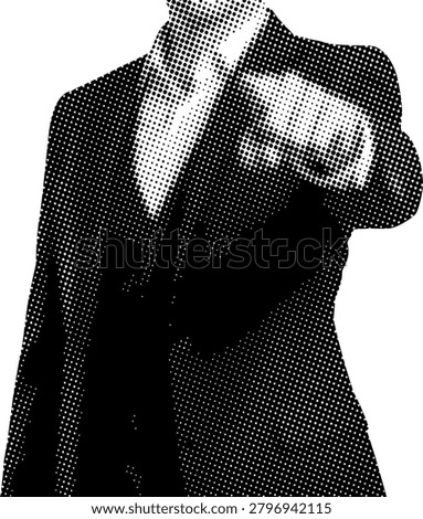 Businessman pointing forward icon isolated on white background halftone black silhouette corporate employee symbol