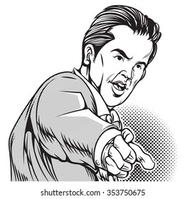 Businessman pointing forward. Retro pop art comic style. vector illustration isolated figure and background.