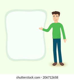 Businessman pointing to frame for text - cartoon vector illustration for advertising, presentations, blogs, documents
