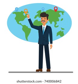businessman pointing at global world map cartoon flat vector illustration concept on isolated white background
