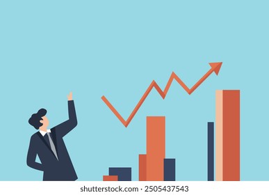 Businessman Pointing at Growing Bar Chart on Blue