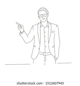 Businessman pointing. Hand drawn vector illustration.