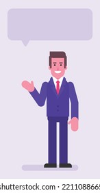 Businessman pointing hand at and smiling. Flat people. Vector illustration