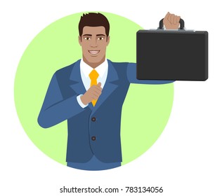 Businessman pointing at himself and holding briefcase. Portrait of Black Business Man in a flat style. Vector illustration.