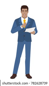 Businessman pointing at himself and holding the paper. Full length portrait of Black Business Man in a flat style. Vector illustration.