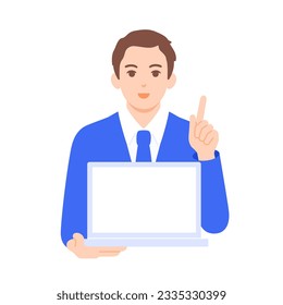 Businessman pointing his finger in front of computer. Vector illustration of a man in a suit.