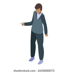 Businessman is pointing with his finger to the side while explaining something