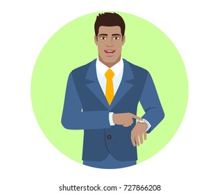 Businessman pointing at his watch. Portrait of Black Business Man in a flat style. Vector illustration.