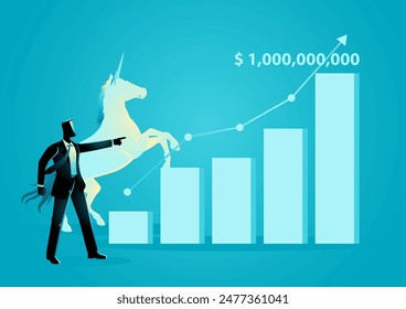 Businessman pointing, increasing graph bar reaching $1 billion, with a unicorn in the background. Concept for start-up business, symbolizes ambitious goals and the pursuit of unicorn status