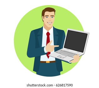 Businessman pointing at laptop notebook. Portrait of character in a flat style. Vector illustration.