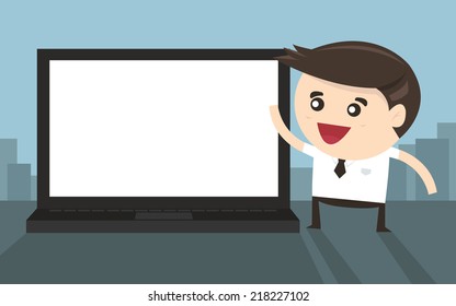 Businessman pointing to laptop screen, flat design