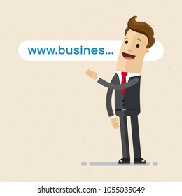 Businessman pointing to the link, website address, domain. Online business. vector illustration flat