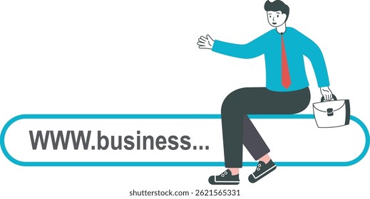 Empresário apontando para o link, endereço do site, domínio. Negócios on-line. ilustração vetorial plana

