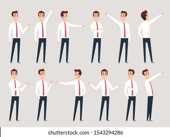 Businessman pointing. Managers male workers standing and direction pointing fingers successful person vector characters