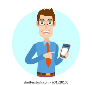 Businessman pointing at mobile phone in his hand. Portrait of Cartoon Businessman Character. Vector illustration in a flat style.