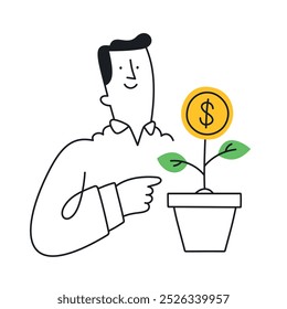 Businessman pointing at money plant growth. Doodle style with an editable strike.