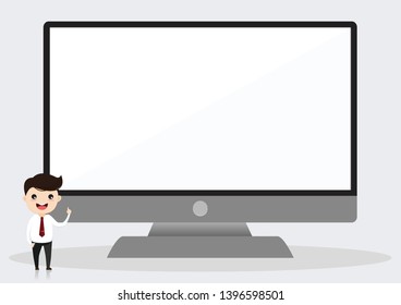 Businessman pointing to monitor.Young businessman sitting in front of computer and points to the white screen while presentin.Vector, Illustration, Flat