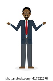Businessman pointing on white background. Isolated caharacter. African american instructor and adviser. 