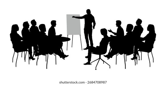 Empresário apontando para quadro branco enquanto dá a apresentação durante reunião no escritório silhueta preta ilustração vetor.