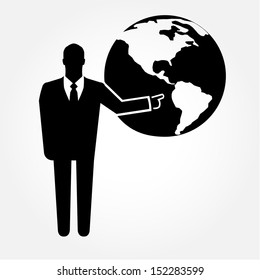 Businessman pointing on world map - vector icon