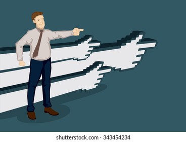 Businessman pointing in one direction with digital hands in the background pointing in the same direction. Creative vector illustration on business direction concept isolated on green background.