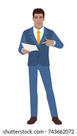 Businessman pointing at a paper in his hand. Full length portrait of Black Business Man in a flat style. Vector illustration.