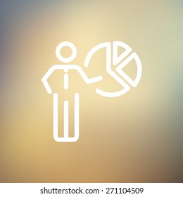 Businessman pointing at pie chart icon thin line for web and mobile, modern minimalistic flat design. Vector white icon on gradient mesh background.