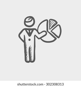 Businessman pointing at pie chart sketch icon for web and mobile. Hand drawn vector dark grey icon on light grey background.