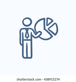 Businessman pointing at pie chart vector sketch icon isolated on background. Hand drawn Businessman pointing at chart icon. Businessman pointing at chart sketch icon for infographic, website or app.