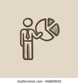Businessman pointing at pie chart vector sketch icon isolated on background. Hand drawn Businessman pointing at chart icon. Businessman pointing at chart sketch icon for infographic, website or app.